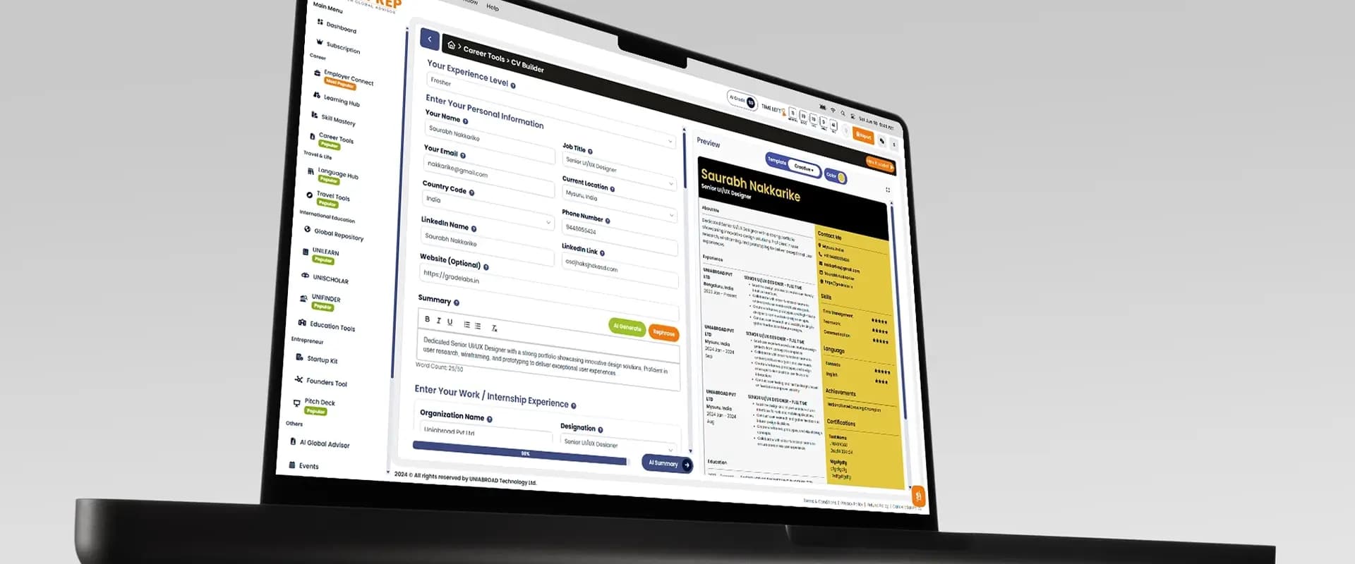 Uniabroad final responsive web design displayed across desktop and mobile devices