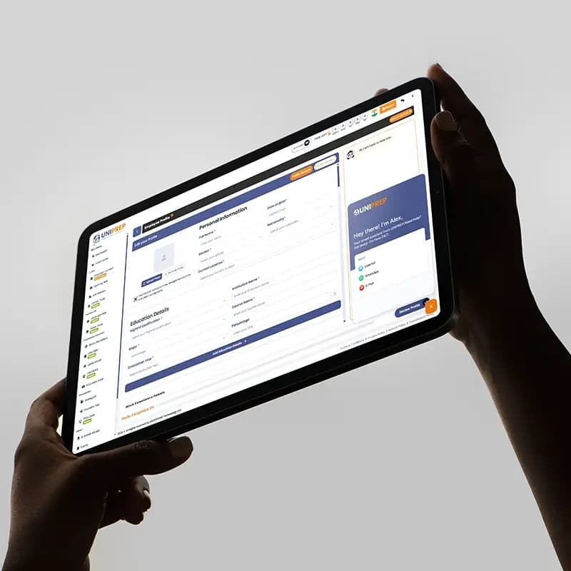 Uniprep UI/UX iterative design process showing wireframes and high fidelity prototypes for document uploads