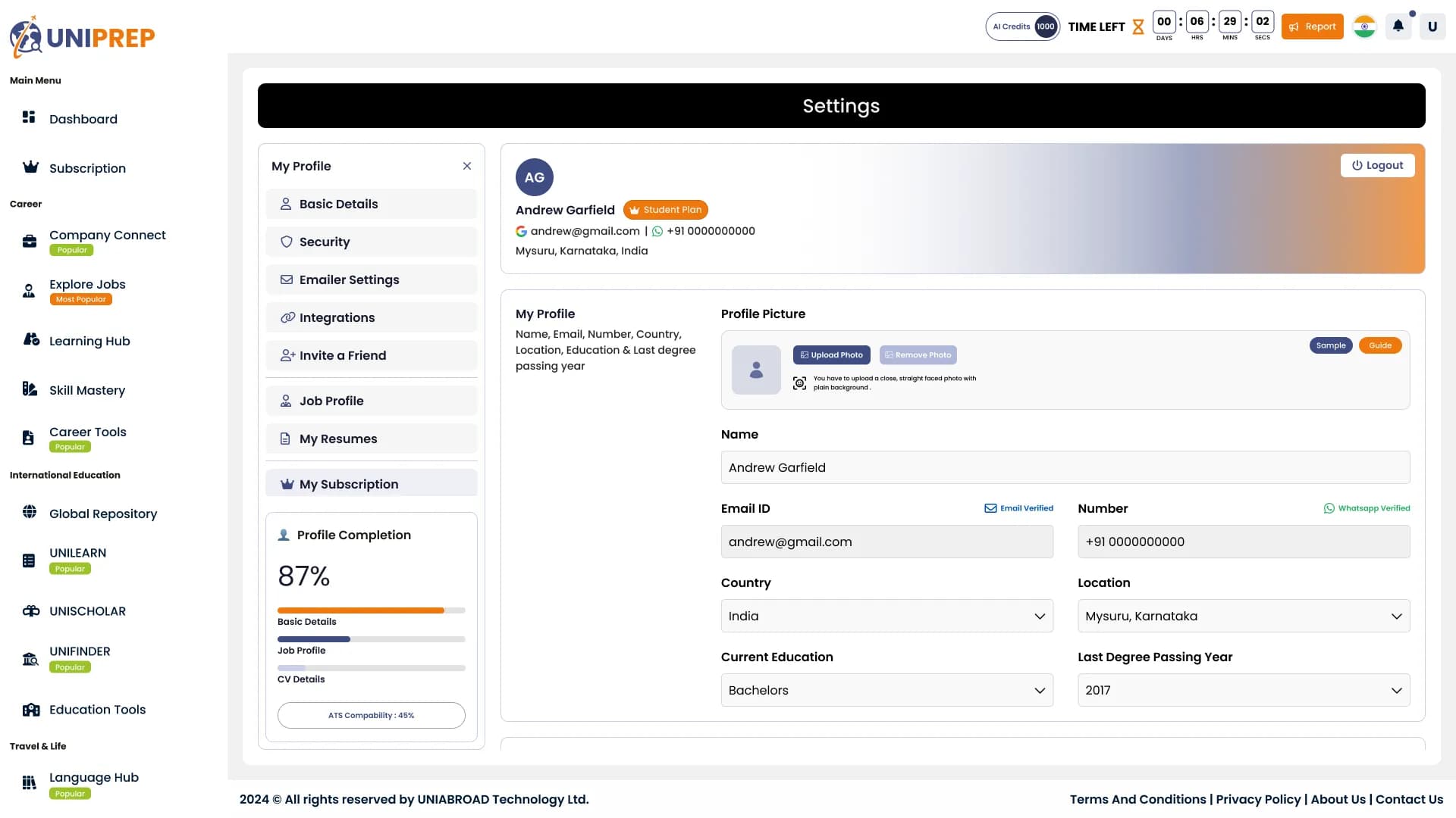 Uniprep comprehensive student profile UI with progress tracking rings