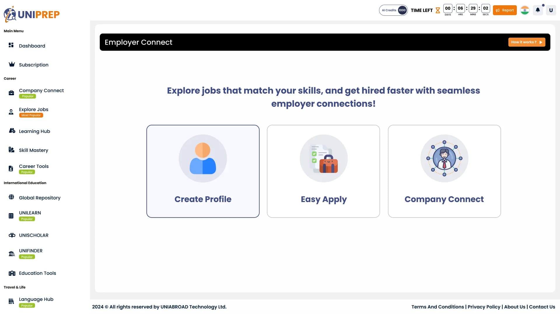 Uniprep Talent Connect student dashboard UI showing applied jobs and upcoming interviews