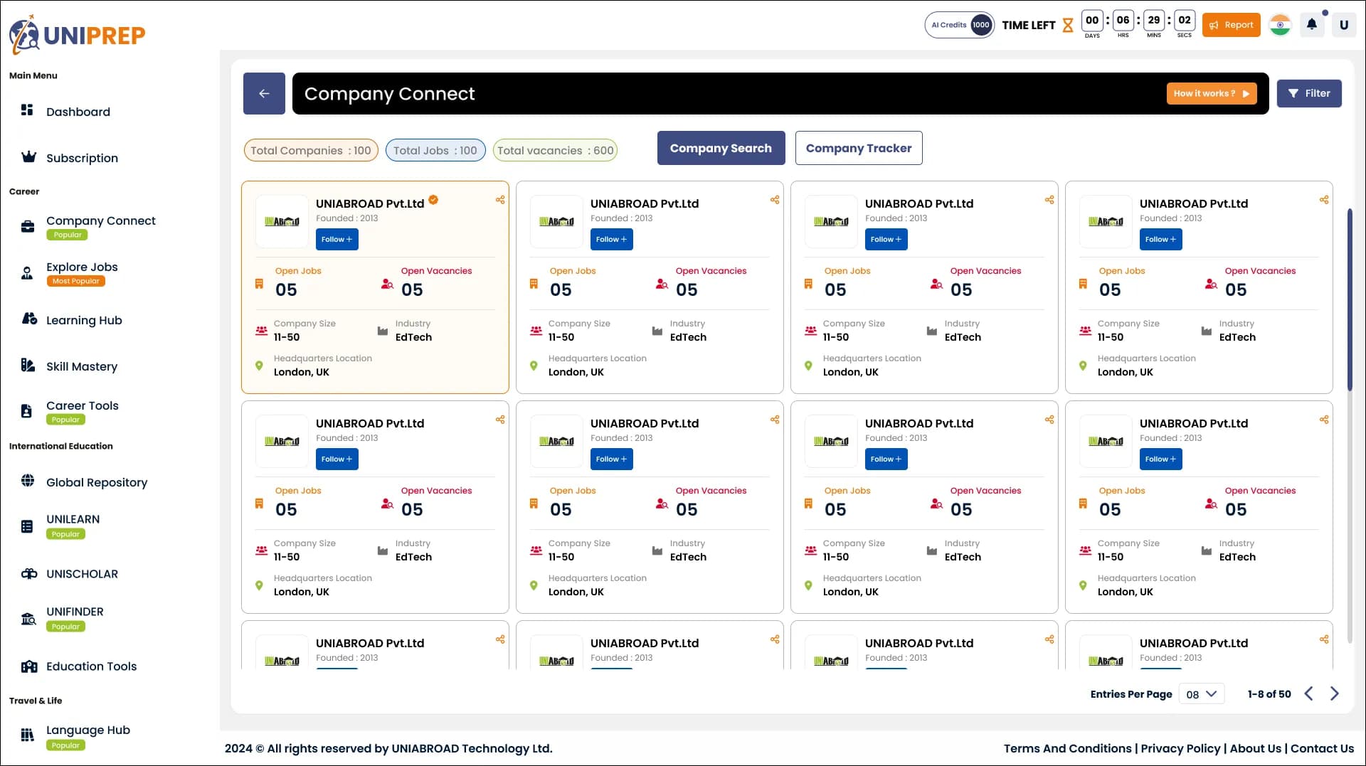 Uniprep company search directory interface for student career discovery