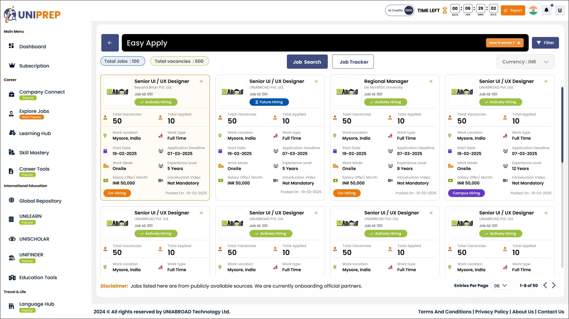Uniprep Easy Apply job board listing page with advanced filtering UI