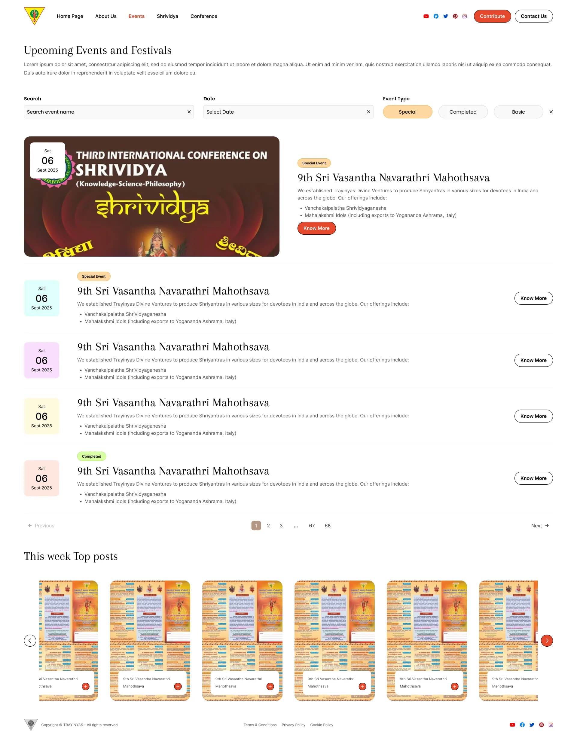 Trayinyas internal page for events listing with advanced filtering