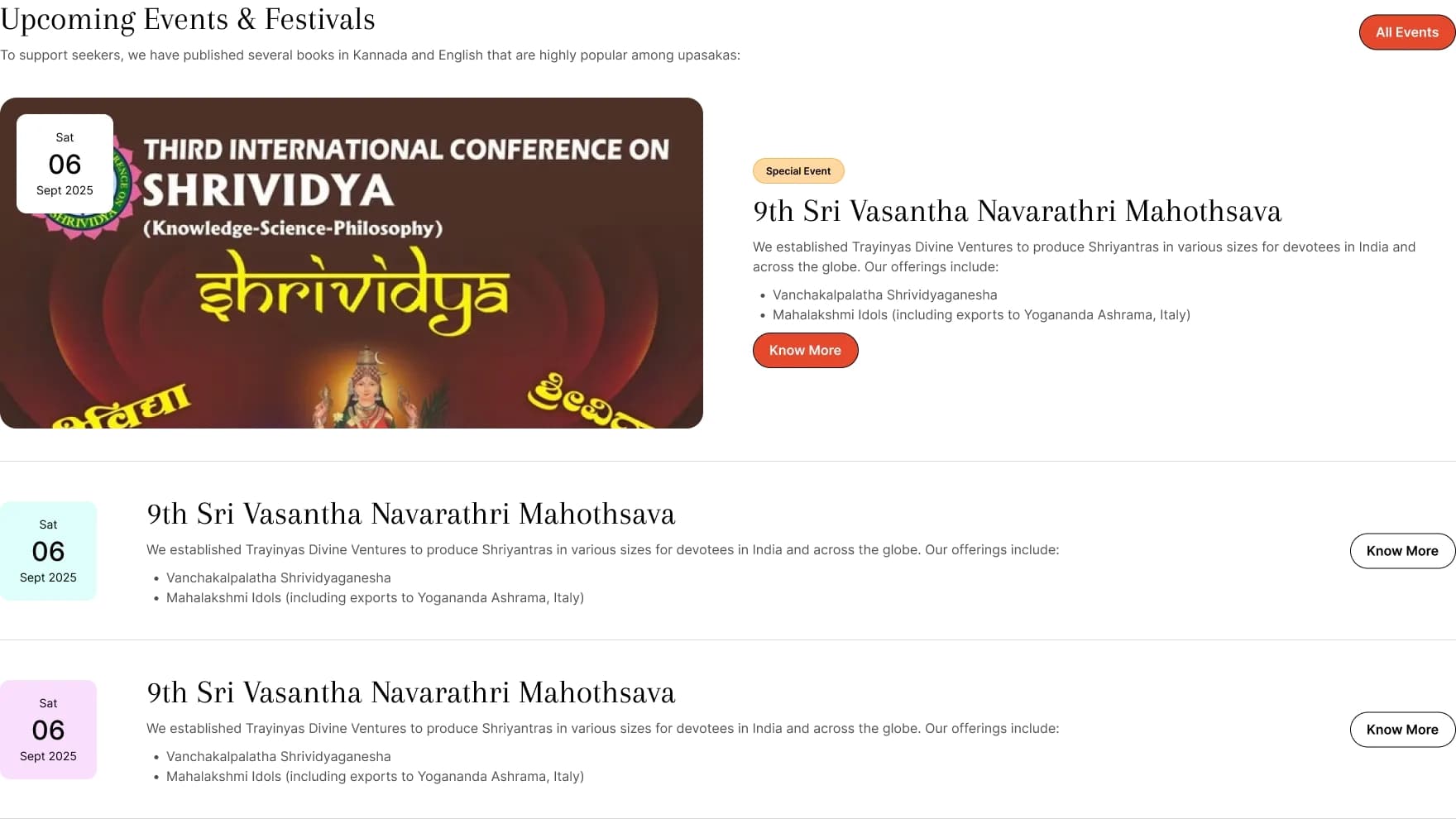 Trayinyas community events listing with clear date and location hierarchy