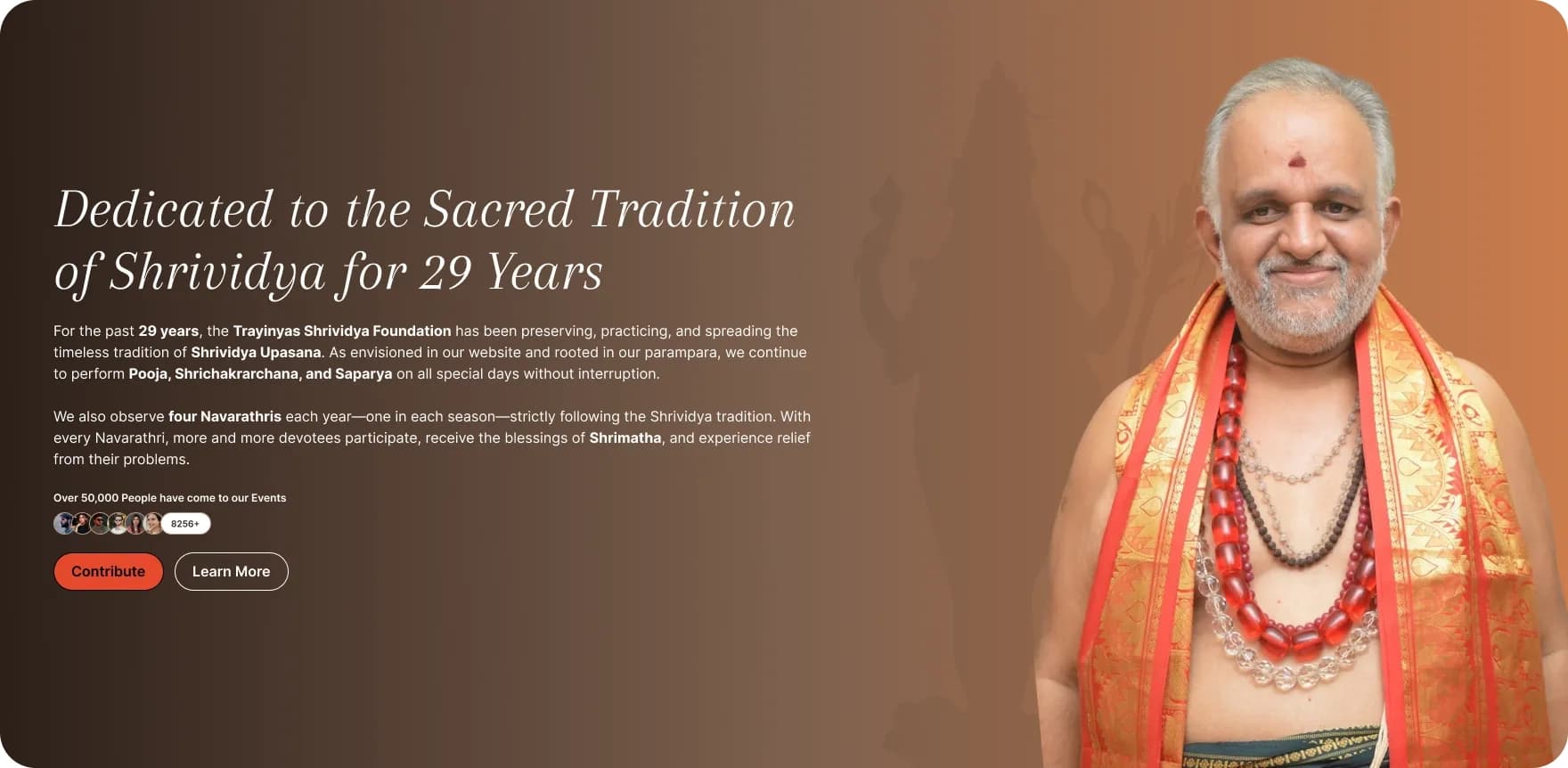 Trayinyas homepage hero section with authoritative cultural imagery