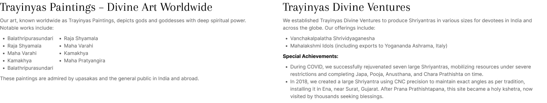 Trayinyas mission statement section with integrated video playback